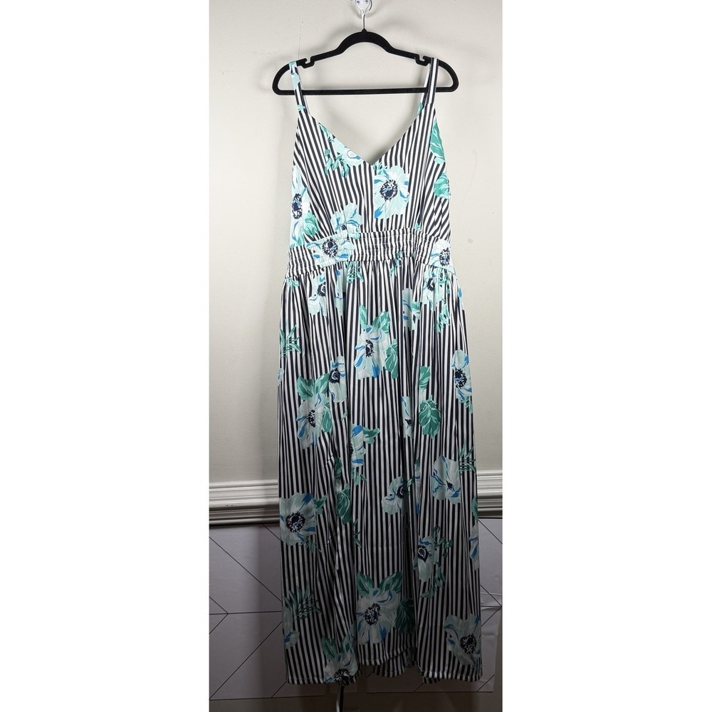 LANE BRYANT NAVY FLORAL STRIPE SZ 20 V-NECK RUCHED WAIST MAXI DRESS Floral - Picture 4 of 16